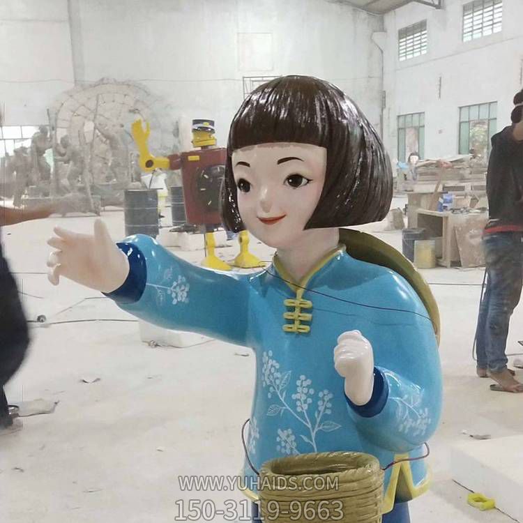 玻璃钢卡通背竹筐采蘑菇小姑娘 雕像动漫拿花篮女孩博鱼网页版
