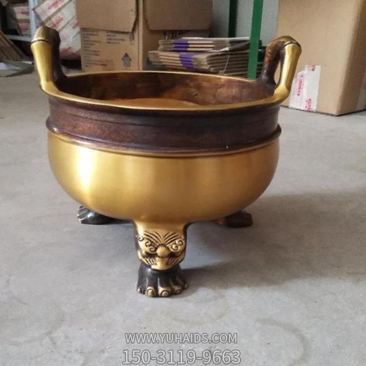 黄铜铸造三足两耳香炉寺庙家用烧香佛教用品博鱼网页版