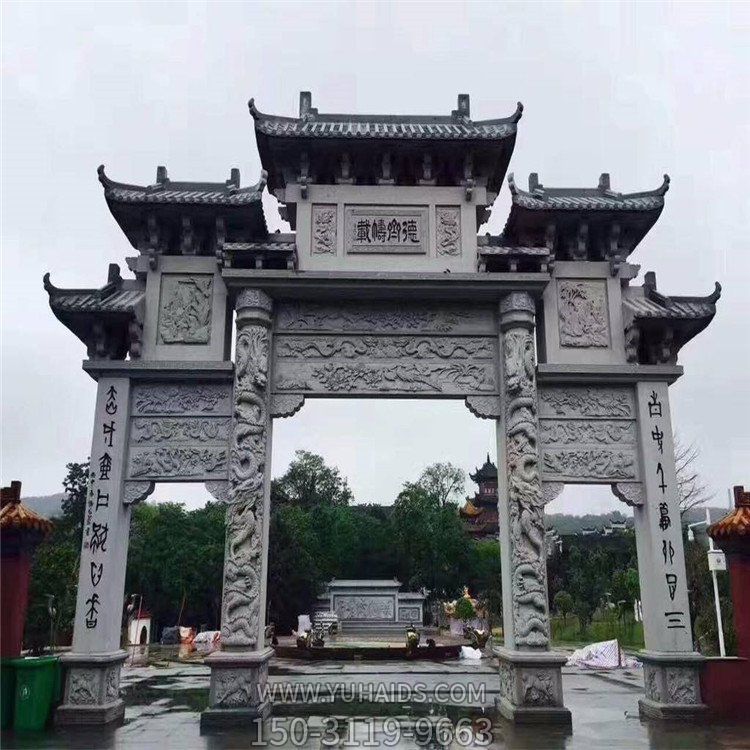 寺院门口装饰青石浮雕仿古建筑三门牌坊博鱼网页版