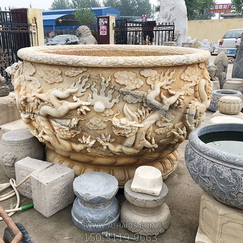 庭院晚霞红石雕龙浮雕水缸博鱼网页版