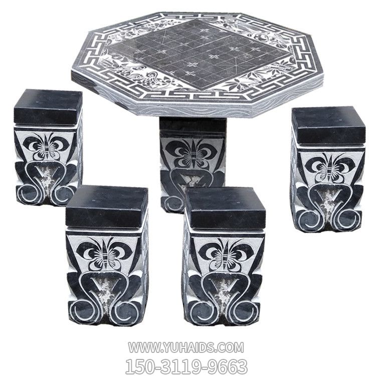 庭院摆放雕刻棋盘格六角做旧休闲石桌方凳博鱼网页版