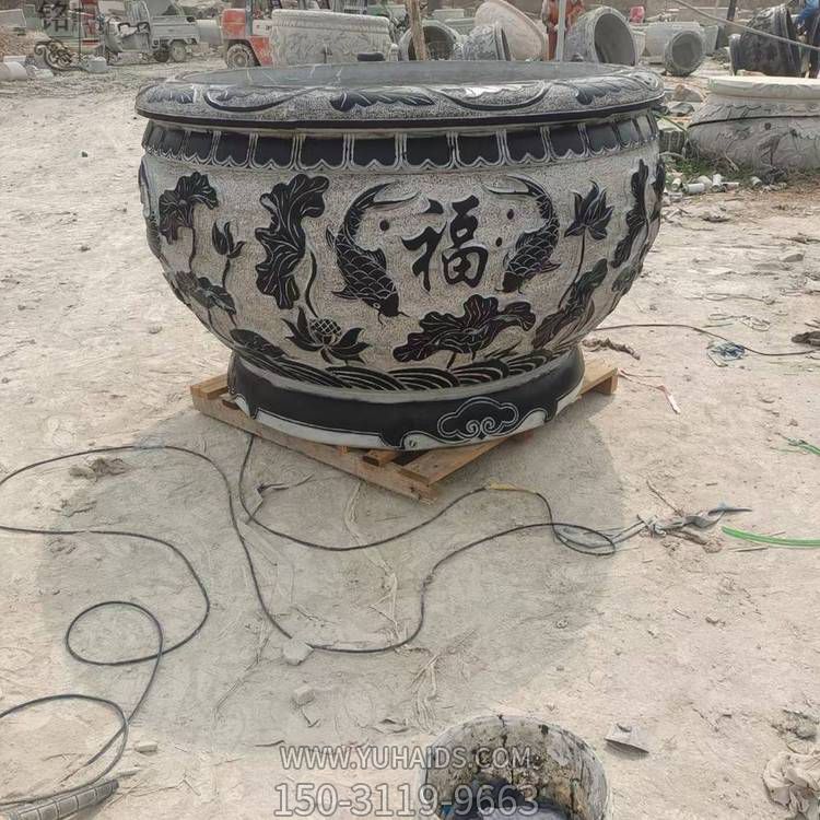 庭院摆放大理石浮雕荷花鲤鱼圆形做旧水缸博鱼网页版