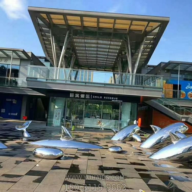 海豚鲸鱼博鱼网页版 水池喷泉 园林景观不锈钢镜面创意装饰摆件