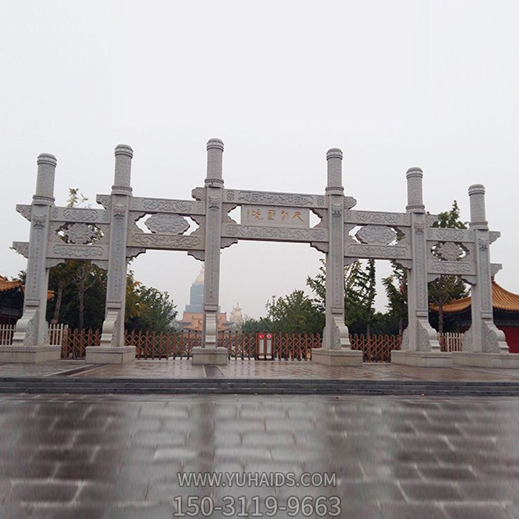 景区入口摆放新中式古典青石雕刻五门楼牌坊摆件博鱼网页版