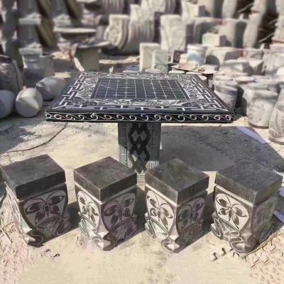 公园户外摆放大理石黑雕刻棋盘格方石桌石凳