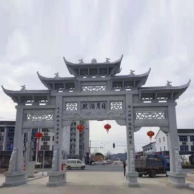 城市街道装饰仿古建筑青石浮雕三门五楼牌坊