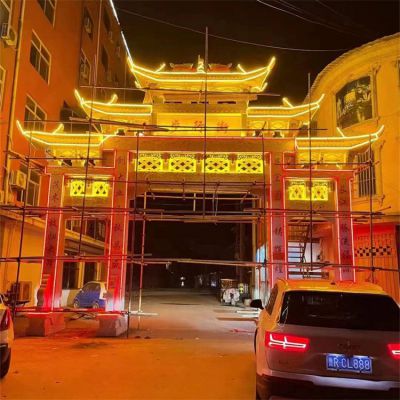 小区入口装饰大理石雕刻三门石牌坊灯光亮化夜景