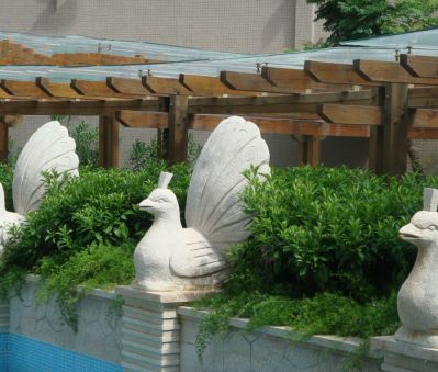 花坛上一只欲将开平的玻璃钢卡通孔雀博鱼网页版