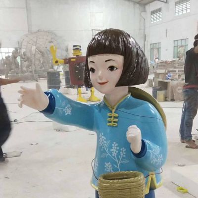玻璃钢卡通背竹筐采蘑菇小姑娘 雕像动漫拿花篮女孩博鱼网页版
