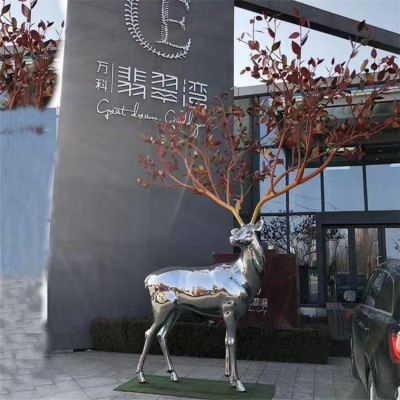 不锈钢镜面抛光大型抽象树枝梅花鹿售楼部景观小品