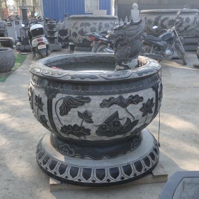 石雕青石鱼缸仿古做旧圆缸流水摆件 园林庭院装饰摆件