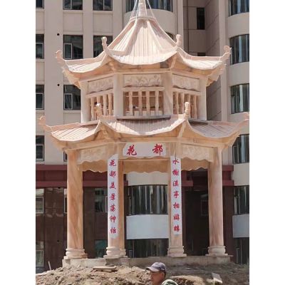 小区广场摆放天然晚霞红二层中式石亭博鱼网页版