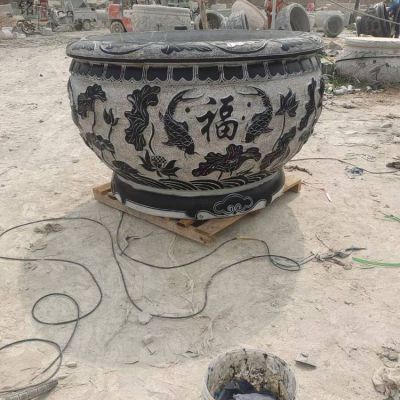 庭院摆放大理石浮雕荷花鲤鱼圆形做旧水缸