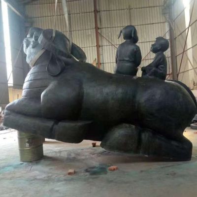 大型铸铜牧童坐水牛背园林小品摆件