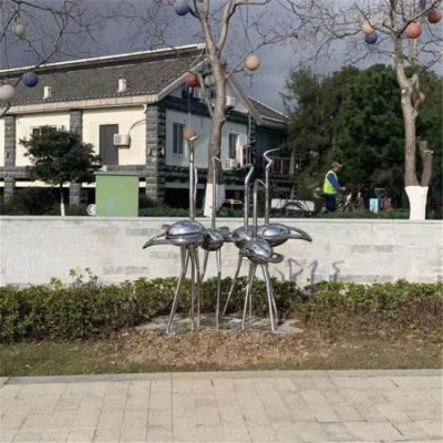 不锈钢抛光镜面抽象火烈鸟景区公园草坪摆件