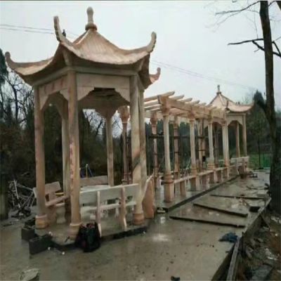 公园天然石材晚霞红雕刻长廊花架仿古六角石凉亭