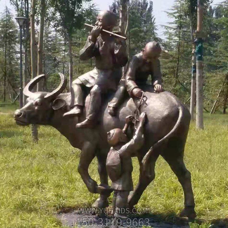 玻璃钢仿铜骑牛的牧童博鱼网页版  户外园林景观大型摆件
