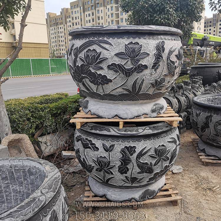 庭院中式青石仿古浮雕荷花鱼缸摆件博鱼网页版