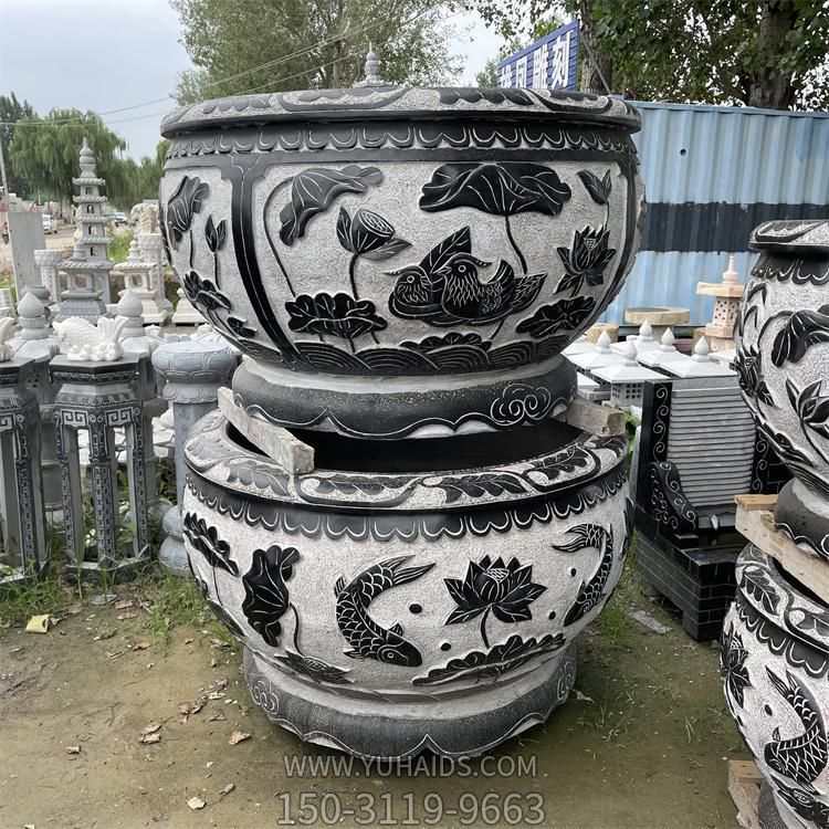 庭院室外摆放青石浮雕荷花花纹圆形鱼缸 长缸博鱼网页版