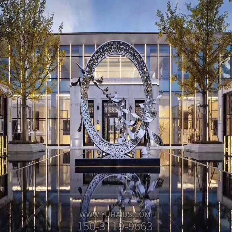 酒店会所水池摆放不锈钢镂空圆环飞翔景观博鱼网页版