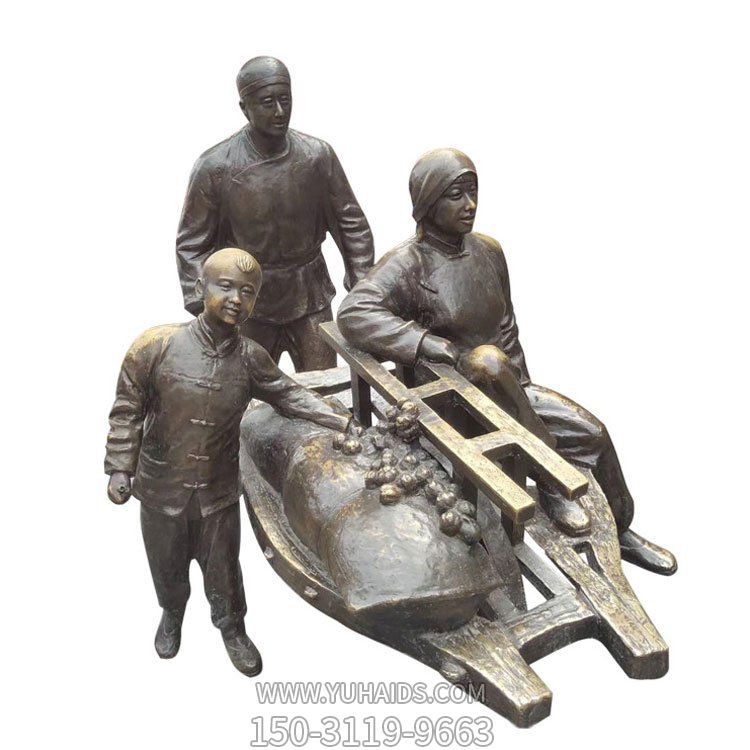 民俗小品玻璃钢仿铜一家三口推车的人物博鱼网页版