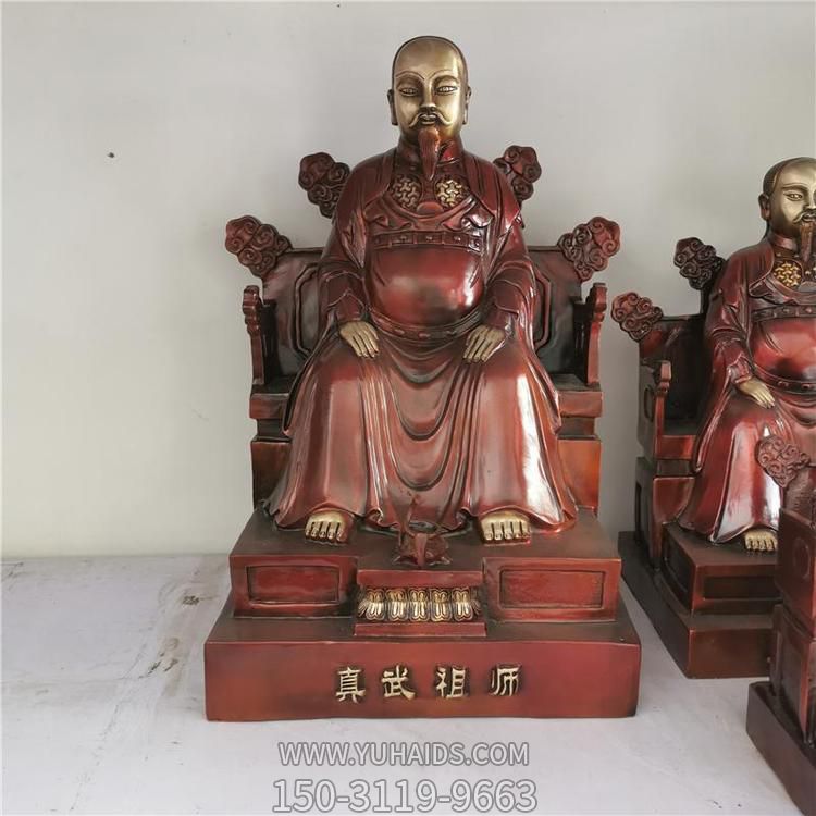 真武祖师坐姿铜像，紫铜红色端坐的真武祖师铸铜博鱼网页版像