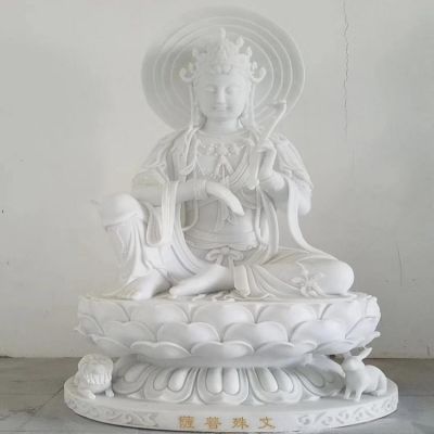 寺庙供奉汉白玉浮雕文殊菩萨坐像