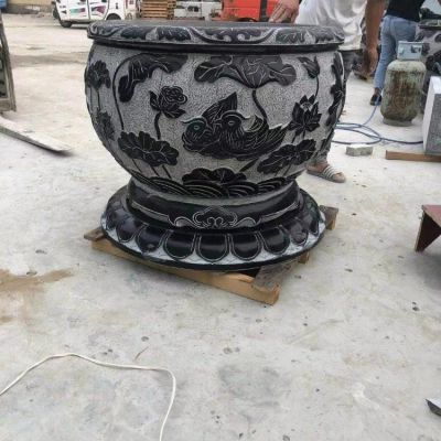 仿古圆形户外荷花石雕鱼缸 园林庭院装饰 摆件
