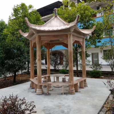 小区别墅晚霞红石雕六角凉亭博鱼网页版