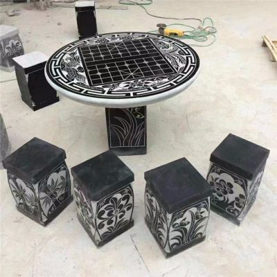 园林庭院青石石雕棋盘格创意石桌石凳博鱼网页版