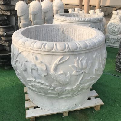 户外汉白玉石雕浮雕荷花鲤鱼花盆博鱼网页版