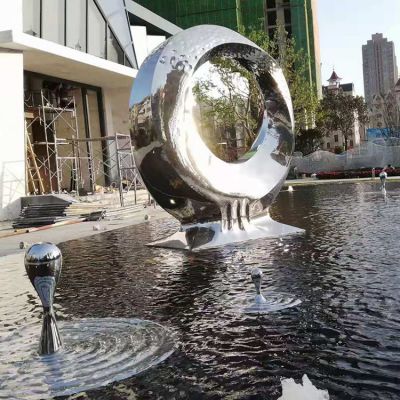 别墅酒店喷泉水景不锈钢圆环摆件