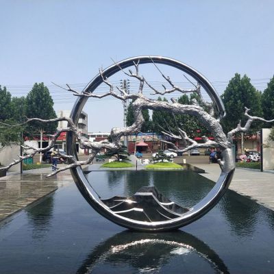 大型不锈钢定制圆形镜面 抽象博鱼网页版园林景观金属铁艺摆件