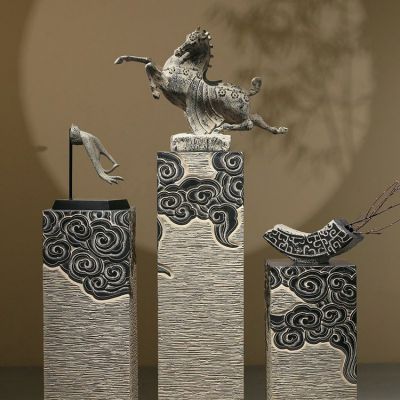 新中式禅意浮雕祥云庭院玄关装饰中式展示石柱