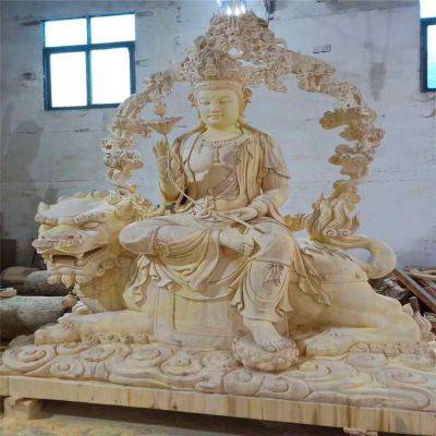 寺庙晚霞红石雕大型菩萨佛像文殊普贤博鱼网页版