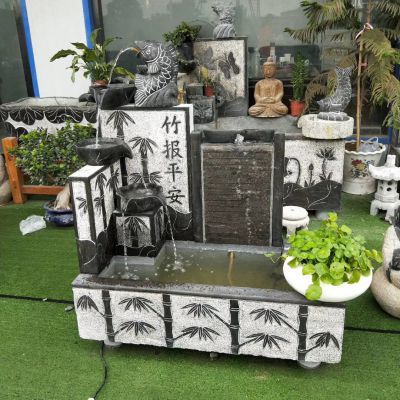 鲤鱼吐流水摆件仿古青石荷花石雕鱼缸室内石槽庭院水景