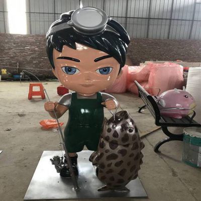 商业街摆设玻璃钢卡通公仔捕鱼人物景观博鱼网页版