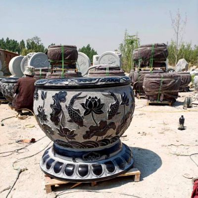 石雕鱼缸青石花盆仿古圆形荷花缸流水鱼缸户外摆件