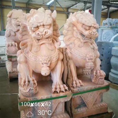 门口门墩晚霞红大理石石雕狮子博鱼网页版