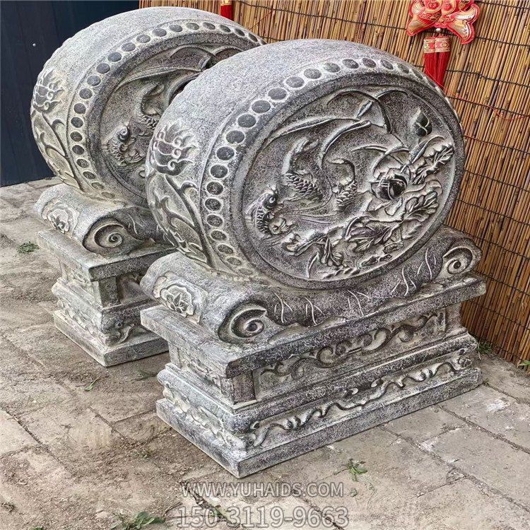 花岗岩雕刻鲤鱼牡丹花纹抱鼓石门墩 景点门前摆件博鱼网页版