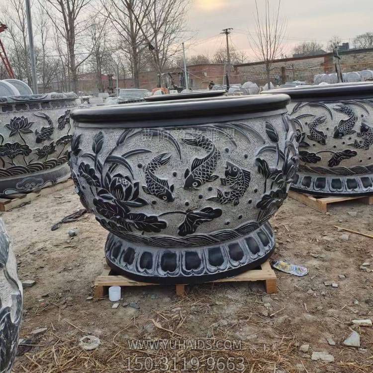 青石雕刻鲤鱼荷花缸 庭院造景装饰摆件博鱼网页版