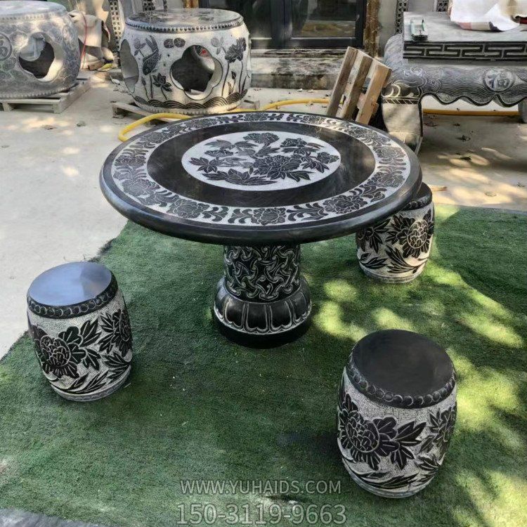 天然石材大理石浮雕圆形石桌石凳  庭院中式摆件博鱼网页版