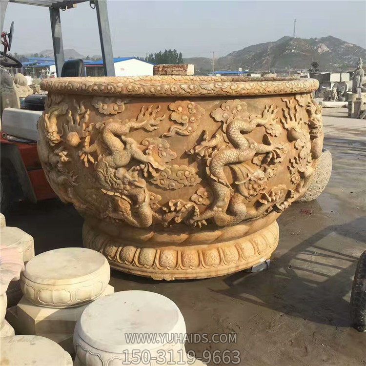 黄锈岩浮雕双龙戏珠  龙纹圆水缸庭院花盆博鱼网页版