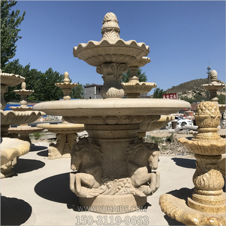 黄锈石石雕水钵，双层大理石流水水钵博鱼网页版