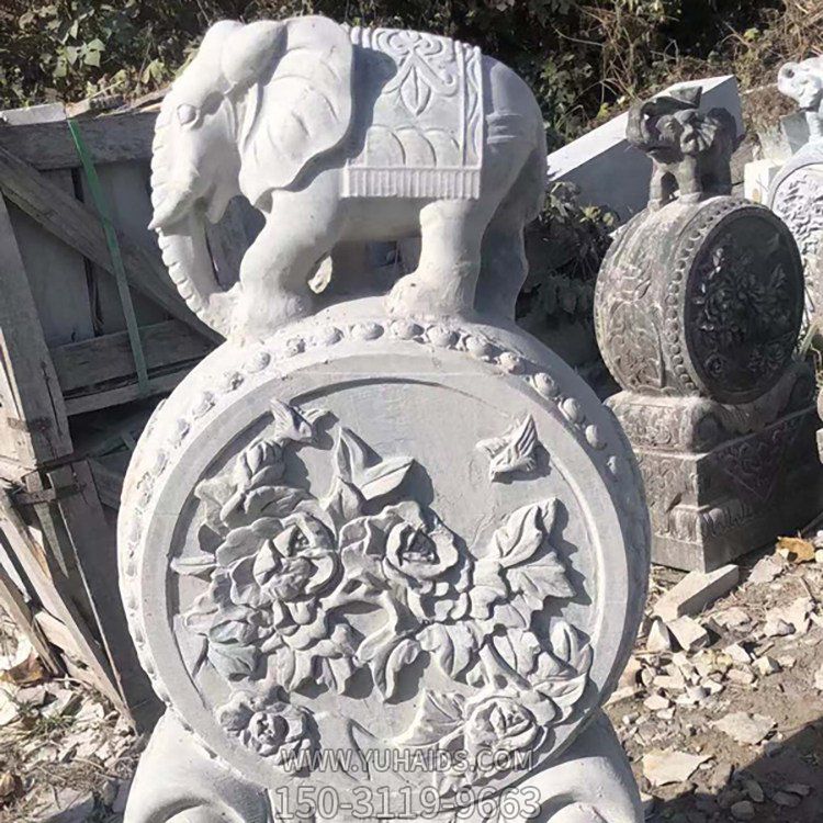 汉白玉大理石 浮雕牡丹花纹小象抱鼓石门墩别墅门口摆件博鱼网页版