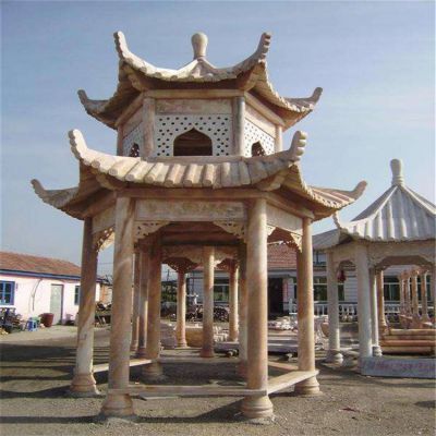 公园户外别墅晚霞红石雕六角凉亭