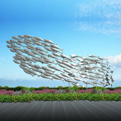 大型镜面不锈钢鱼群景观博鱼网页版 制作户外水池庭院装饰摆件