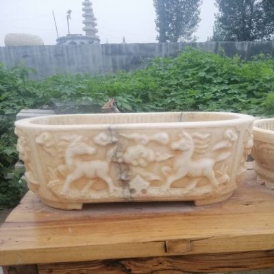 仿古鱼缸长方形老石槽花盆汉白玉晚霞红摆件