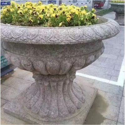 黄锈石石材花盆 中式花纹石雕花钵 园林景观摆放石钵博鱼网页版