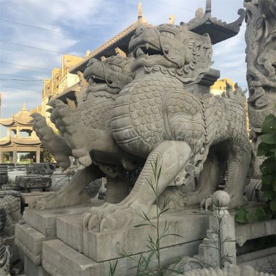 墓园入口摆放青石做旧浮雕麒麟门墩博鱼网页版